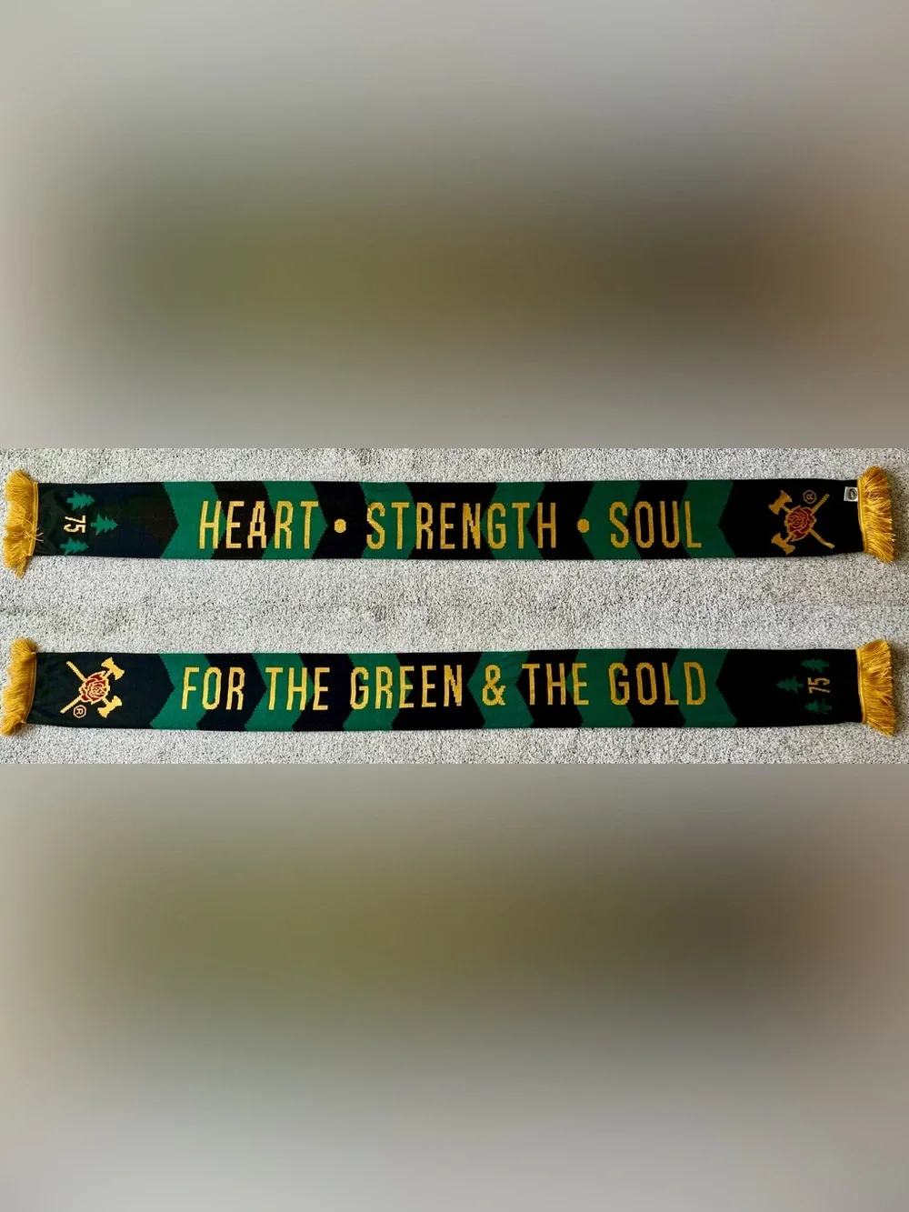 Portland Timbers Army Heart Strength Soul Green and Gold 75 SOTM Soccer Scarf